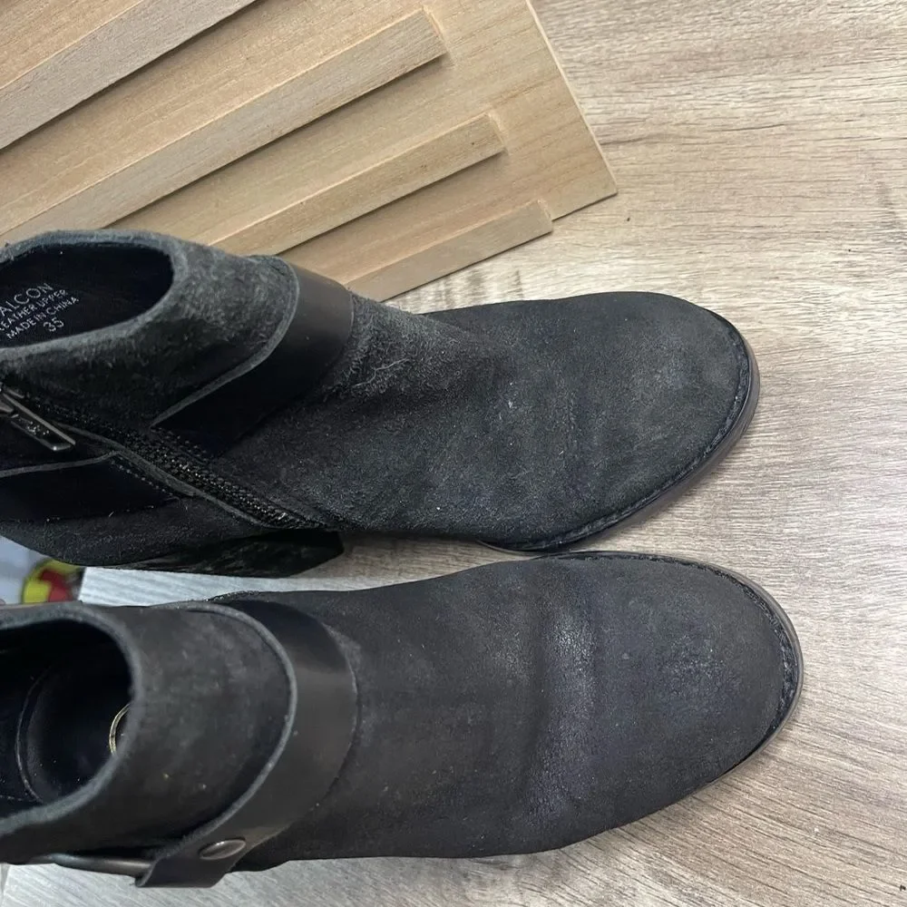 Ash Falcon Women’s 35 Black Suede Harness Ankle Booties Moto